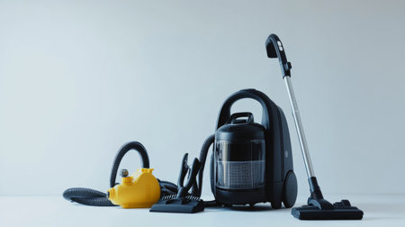 A vacuum cleaner with a HEPA filter and various attachments displayed on a clean white background, showcasing its advanced features for allergy sufferersの素材