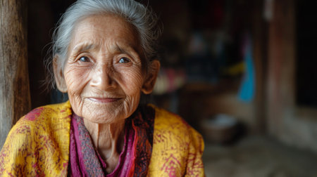 A thoughtful elderly woman with a kind smile, wearing simple, elegant clothing, capturing her dignified and graceful presenceの素材