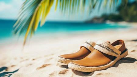 A trendy pair of men espadrilles on a sandy beach, with a relaxed summer outfit, capturing a laid-back vacation vibeの素材