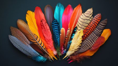 A vibrant collection of colorful feathers arranged in a fan shape on a dark background, showcasing a variety of hues and textures.の素材