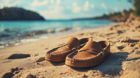 A trendy pair of men espadrilles on a sandy beach, with a relaxed summer outfit, capturing a laid-back vacation vibeの素材