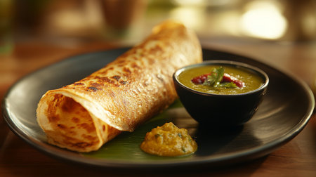 A traditional Indian dosa served with coconut chutney and sambar, showcasing the crispy texture of the dosa and the vibrant accompanimentsの素材