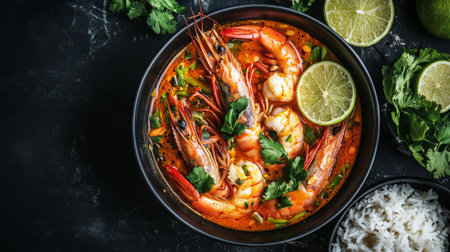 Aerial shot of a hot Tom Yum Goong bowl, showing the fresh prawns, lime slices, herbs, and a swirl of spicy broth, all served with a side of rice.の素材