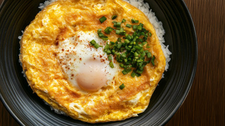 A top-down, close-up view of a classic omelette on rice, the egg crispy edges and soft interior paired with freshly cooked jasmine rice.の素材