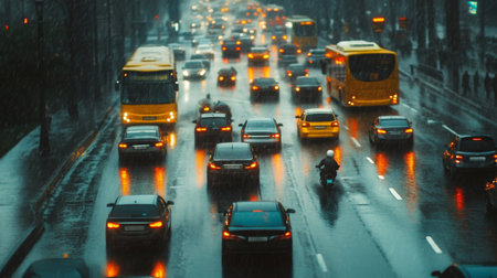 A traffic jam on a rainy day, with cars, buses, and motorcycles moving slowly in wet conditions, reflections on the road.の素材