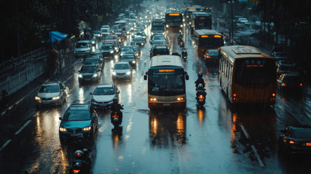 A traffic jam on a rainy day, with cars, buses, and motorcycles moving slowly in wet conditions, reflections on the road.の素材