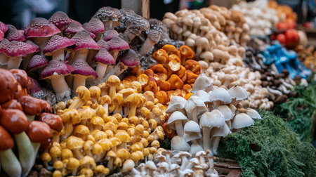 A vibrant display of colorful, exotic mushrooms on a farmer's market stall, with a variety of shapes and sizesの素材