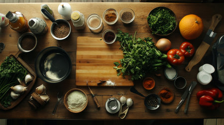 A top-down view of a table filled with ingredients for a recipe, including fresh produce, spices, and utensils.の素材