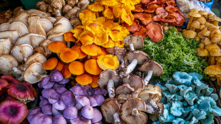 A vibrant display of colorful, exotic mushrooms on a farmer's market stall, with a variety of shapes and sizesの素材