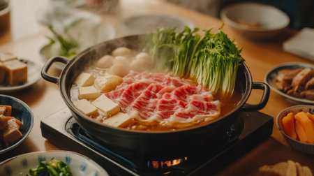 A vibrant shabu-shabu setup with thinly sliced meats, fresh vegetables, and tofu arranged neatly around a bubbling pot of broth on a dining tableの素材