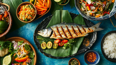 A vibrant Thai seafood dinner spread featuring grilled fish alongside various accompaniments like papaya salad, sticky rice, and grilled vegetablesの素材