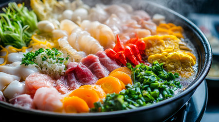 A vibrant shabu-shabu scene with an assortment of colorful vegetables, meats, and seafood being cooked in a hot pot, with steam rising from the brothの素材