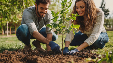 A young couple planting a tree in their front yard, with a focus on the new growth and their smiles as they work togetherの素材