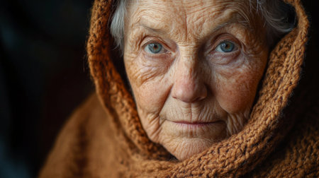 A warm and intimate portrait of an elderly woman with expressive eyes, showcasing the depth of her experiences and emotionsの素材