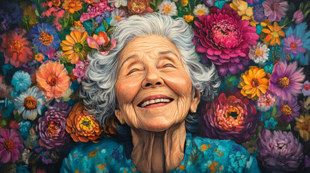 A vibrant portrait of an elderly woman with a joyful smile, surrounded by colorful flowers, reflecting a lively and positive spiritの素材