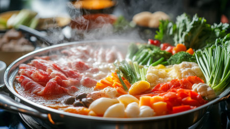 A vibrant shabu-shabu scene with an assortment of colorful vegetables, meats, and seafood being cooked in a hot pot, with steam rising from the brothの素材
