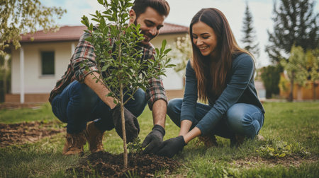 A young couple planting a tree in their front yard, with a focus on the new growth and their smiles as they work togetherの素材