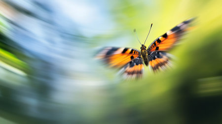 An artistic shot of a butterfly in mid-flight, with its wings spread wide and blurred background, creating a sense of motion and freedom.の素材