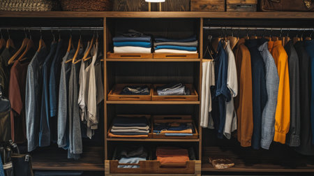 A well-organized wardrobe with a mix of hanging clothes, folded items on shelves, and accessories in compartments, showcasing a practical and aesthetic storage solutionの素材