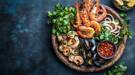 Aerial view of a grilled seafood feast featuring prawns, squid, and mussels, served on a rustic platter with fresh herbs and a side of spicy dipping sauce.の素材