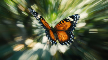 An artistic shot of a butterfly in mid-flight, with its wings spread wide and blurred background, creating a sense of motion and freedom.の素材