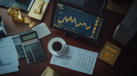 An overhead view of a trading desk with a monitor displaying a gold price chart, along with financial documents, calculators, and a cup of coffeeの素材