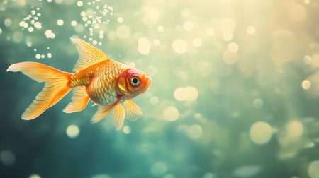 An underwater shot of a goldfish gliding through water, with a background of bubbles and a soft-focus aquatic landscapeの素材