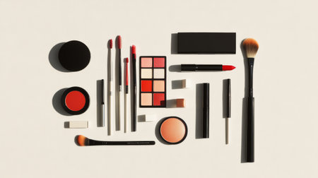 An elegant flat lay of a makeup kit with brushes, palettes, and lipsticks, all neatly laid out on a pristine white background, highlighting their textures and colorsの素材