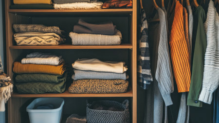 An image of a wardrobe with open shelves displaying neatly folded clothes and bins, alongside hanging space for garments, creating a clean and orderly lookの素材