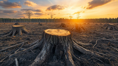 An impactful image of deforestation with large tree stumps and barren land, highlighting the role of forest loss in accelerating global warmingの素材