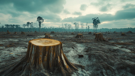 An impactful image of deforestation with large tree stumps and barren land, highlighting the role of forest loss in accelerating global warmingの素材