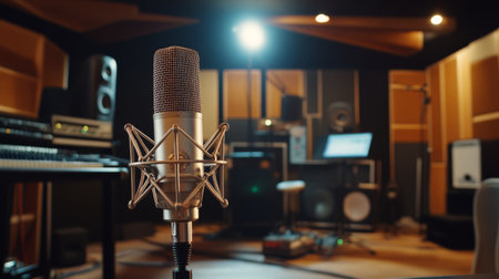 An elegant studio setup featuring a high-quality condenser microphone on a desk, with soundproofing panels and music equipment in the backgroundの素材