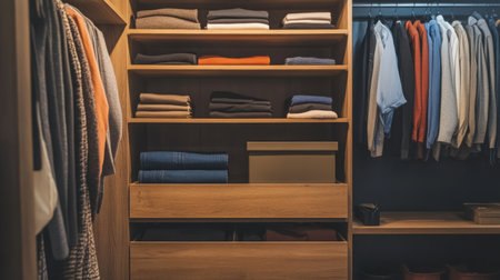 An image of a wardrobe with open shelves displaying neatly folded clothes and bins, alongside hanging space for garments, creating a clean and orderly lookの素材