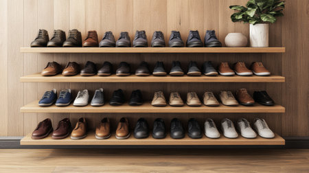 An elegant wooden shoe rack with neatly arranged pairs of shoes, including dress shoes and sneakers, in a chic hallway or mudroom settingの素材
