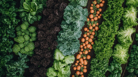 An overhead view of a home vegetable garden with a variety of crops like lettuce, carrots, and herbs growing in neatly organized rowsの素材