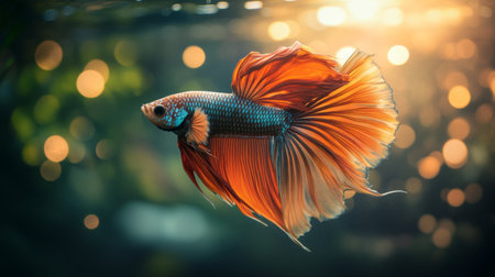 Close-up of a Betta fish with iridescent scales and long, flowing fins, captured in a peaceful aquarium setting with soft lighting that enhances its colors.の素材