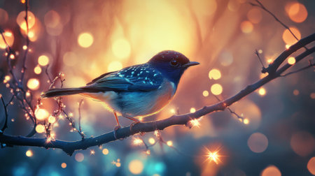 Close-up of a bird with detailed feather patterns, perched on a branch, with a background of softly glowing lights adding depth and a magical feel to the scene.の素材
