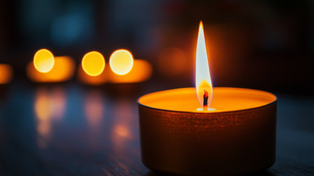 Close-up of a candle flame in a dimly lit room, with the flame illuminating the surrounding area and creating a tranquil, intimate setting.の素材