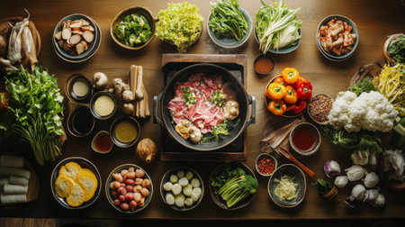 An overhead view of a shabu-shabu meal, showcasing a variety of fresh ingredients, dipping sauces, and a hot pot in the center of a beautifully set tableの素材