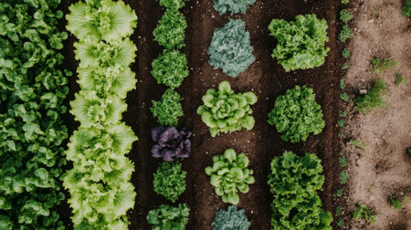 An overhead view of a home vegetable garden with a variety of crops like lettuce, carrots, and herbs growing in neatly organized rowsの素材