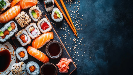 An overhead view of a sushi spread with assorted rolls, nigiri, and sashimi, accompanied by chopsticks, soy sauce, and a sprinkle of sesame seedsの素材