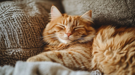 Chubby orange cat resting on a cozy sofa, its eyes half-closed, capturing the calm and peaceful nature of domestic cats.の素材