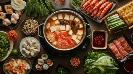 An inviting shabu-shabu spread featuring a variety of ingredients like tofu, seafood, and vegetables, with a bubbling hot pot and dipping sauces on the tableの素材