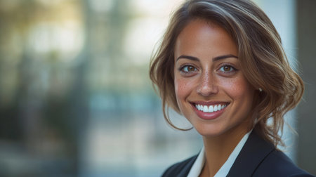 Close-up of a businesswoman with a confident smile and clear, sharp features, dressed in professional clothing, representing success and authority.の素材