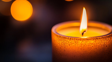Close-up of a candle flame flickering softly in the dark, casting a warm, golden glow and creating a serene, peaceful ambiance.の素材