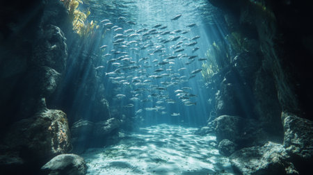 An underwater shot of a school of fish moving in a synchronized manner around a submerged rock formation, with clear, illuminated waterの素材