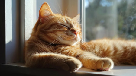Close-up of a chubby orange cat lazily lounging on a windowsill, its fur glowing in the sunlight as it curiously looks outsideの素材