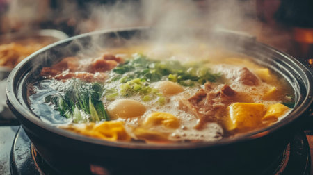 Close-up of a steaming hot pot with various fresh ingredients, including vegetables and meat, showcasing the bubbling broth and inviting aroma.の素材