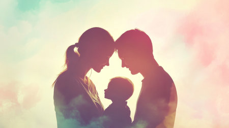 Close-up of a family silhouette with a mother and father embracing their child, set against a soft, pastel-colored background for a tender, loving scene.の素材