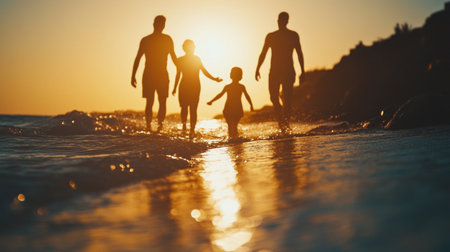 Close-up of a family silhouette with parents and children enjoying a moment at the beach, their shadows elongated and detailed against the setting sun.の素材